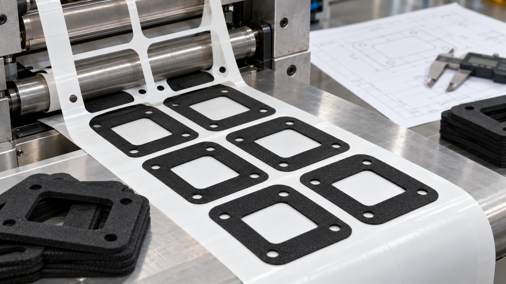Die-cut PE foam gasket parts on a release liner in a converting process