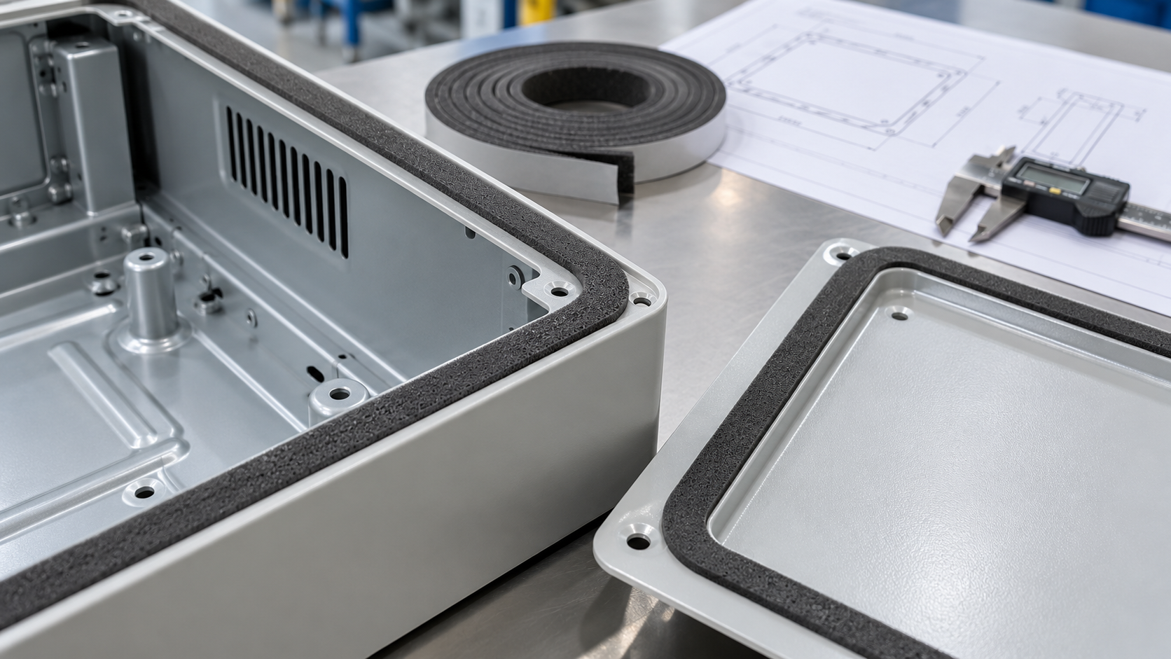 PE foam gasket strip on an appliance enclosure flange