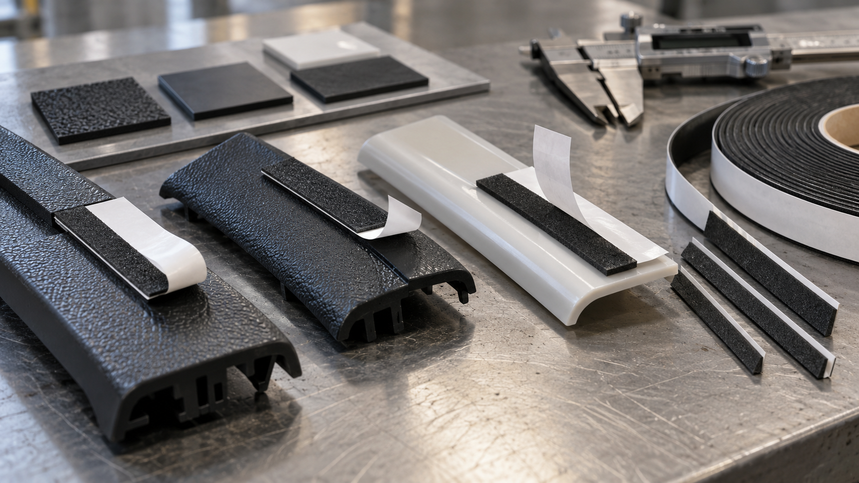 PE foam tape samples beside molded PP and PE plastic trims