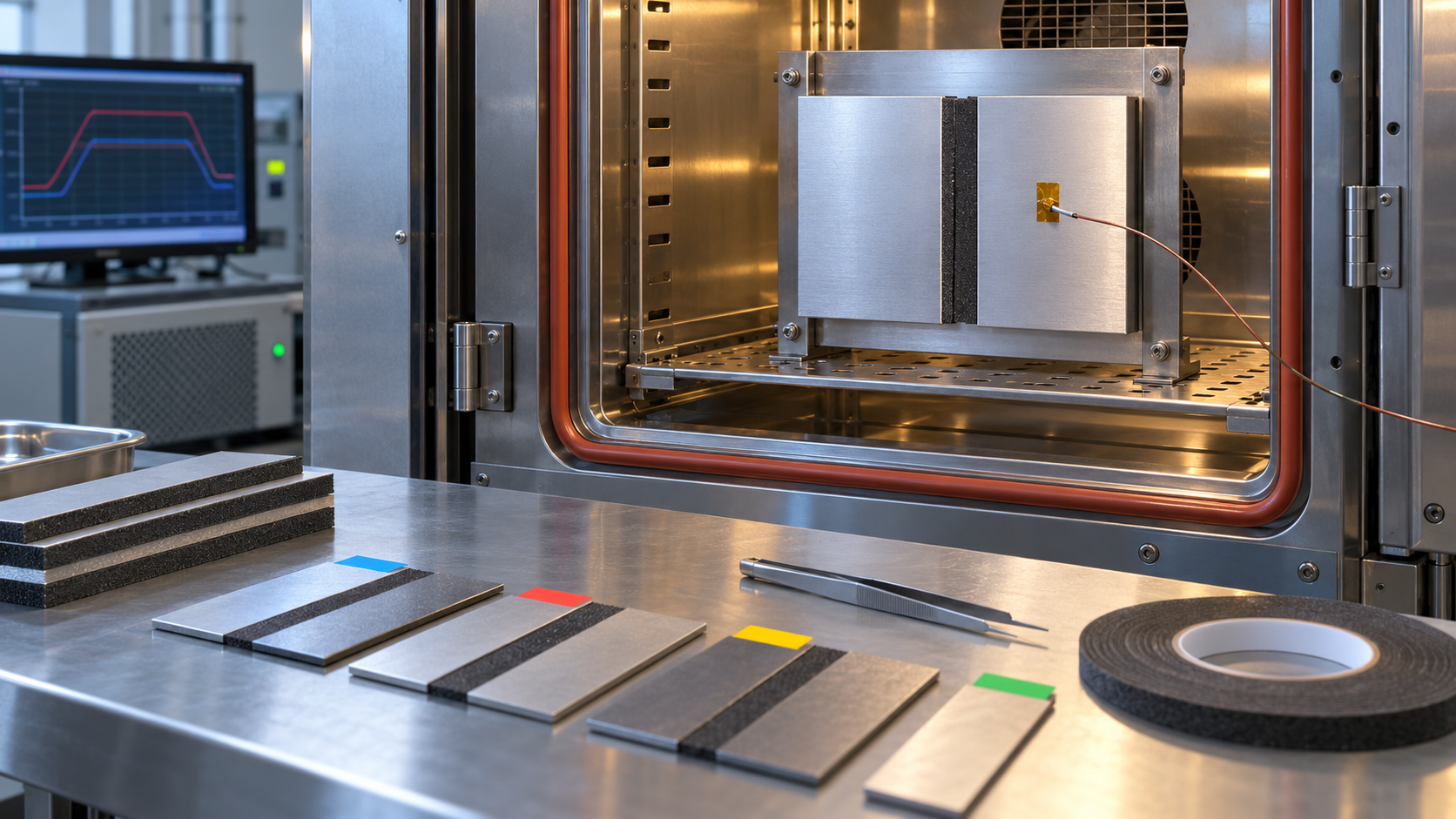 PE foam tape joint samples in a temperature test laboratory